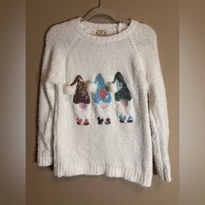 Poof! Cozy White Sweater with Gnome Design